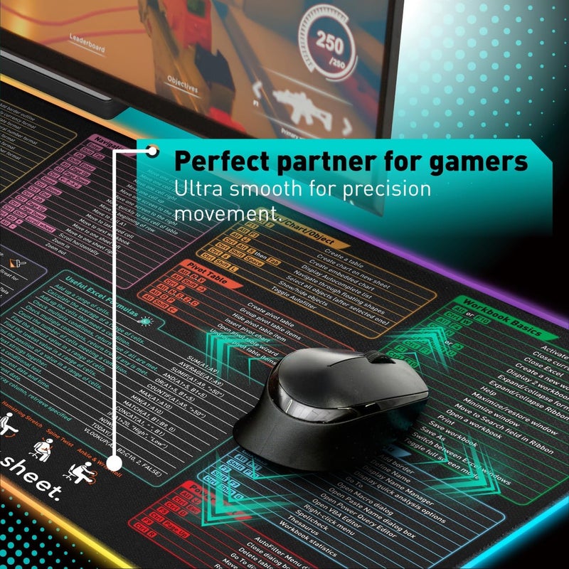 Pixiecube Excel Shortcut Keys LED Mouse Pad - Colorful RGB Luminous Extended Large Cheat Sheet Gaming Mousepad| PC Office Spreadsheet Keyboard Mat| Non-Slip Stitched Edge - Image 5